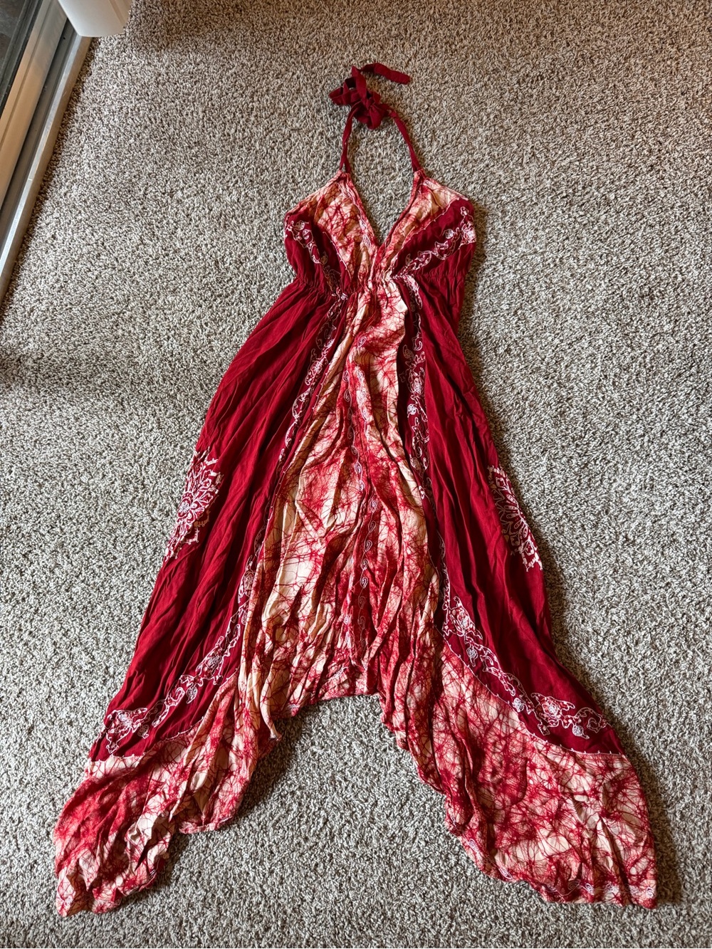Monroe & Main Burgundy and Cream Tie-Dye Halter Maxi Dress